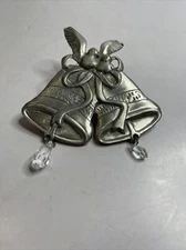 Vintage Pewter Bells, Birds & Ribbon Sun Catcher w/Sun Gem & Suction Cup Hanger