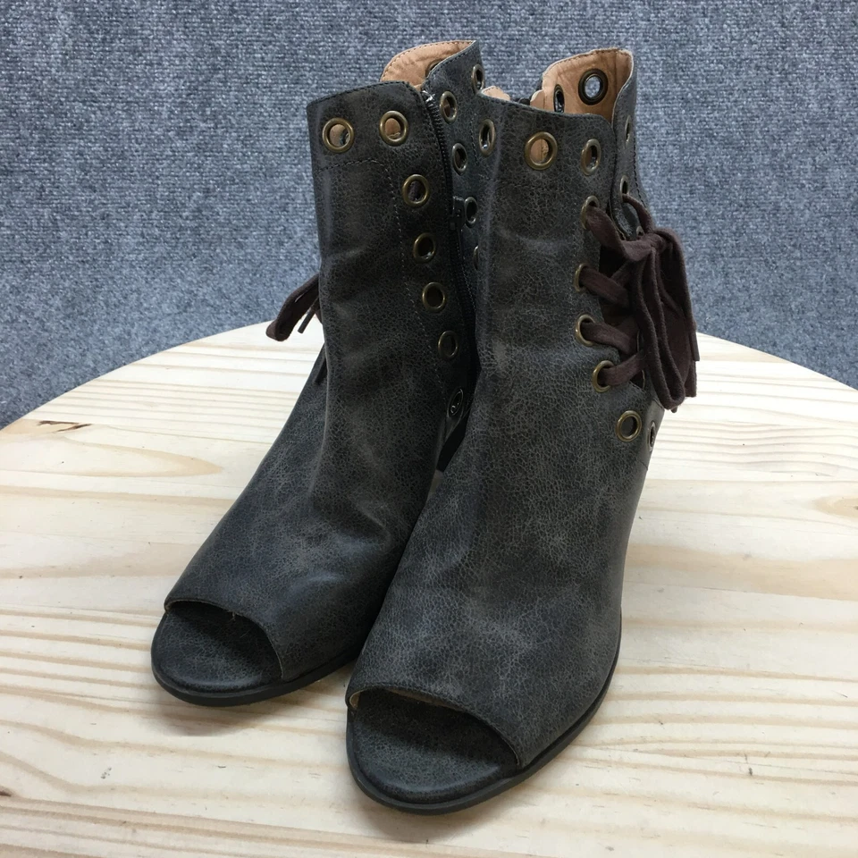 Botas de lavandería hippie para mujer 10 botines al tobillo gris imitación cuero peep cremallera tacones Foto 3 de 4