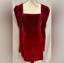 Reformation Lunar Square Neck Puff Long Sleeve Red Velvet Mini Dress