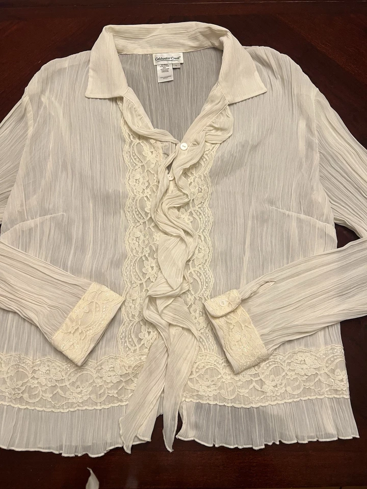 Coldwater Creek Crinkle Lace Blouse Size L Sheer Elegant Career Button NWOT - Image 4 of 4
