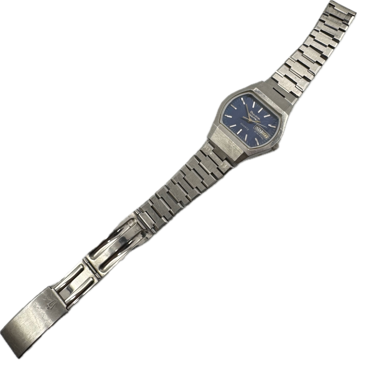 Vintage 35mm 1977 Bulova Dual-Day Blue Men's Quartz Wristwatch Swiss Steel