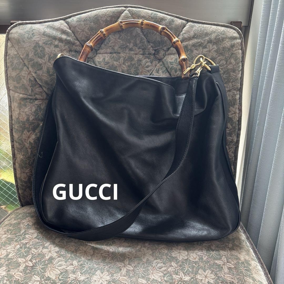 Gucci Vintage Bamboo Leather Shoulder Bag Crossbody Tote A4 Size 2-Way