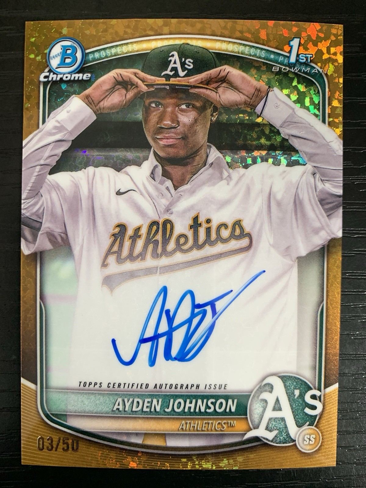2025 Bowman Chrome - Ayden Johnson 1st Bowman Gold Mini-Diamond Auto /50 #CPA-AJ