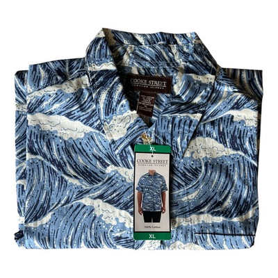 #ad Cooke Street Men#x27;s short Sleeve Aloha Hawaiian Shirt Cotton Gray Blue Size XL $24.95