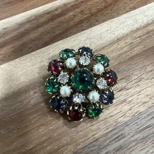 RARE VINTAGE BROOCH SCHREINER NEW YORK BLUE GREEN RHINESTONE STUNNING