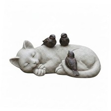  12" Sleeping Cat with Sparrows Garden Statue, Stone Look Cat Memorial Accent 