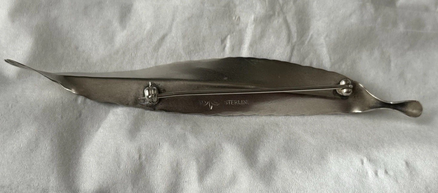 Vintage Stuart Nye Signed Sterling Silver Leaf Feather Brooch Pin 4”