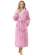 Womens Plush Fleece Long Robe Shawl Collar Fluffy Soft Bathrobe,Medium,Pink