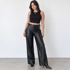 Tiger Mist Amity Pants Womens L Black Faux Leather Lace Up Cutout Wide Leg Y2K