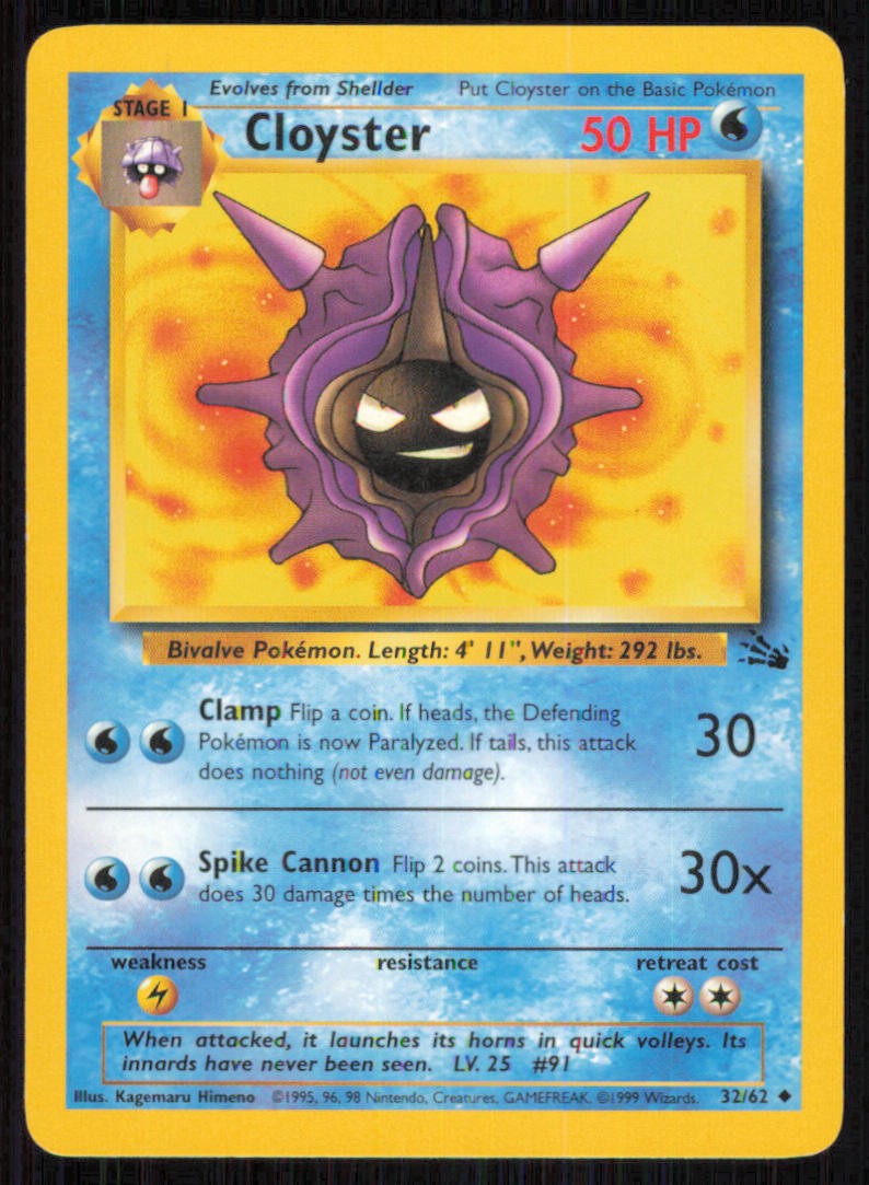 Cloyster 32/62 Uncommon Fossil Pokemon Unlimited Lightly Played