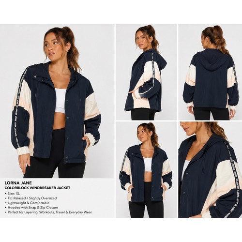 Lorna Jane Flashback Windbreaker Jacket Colorblock Hooded Black Peach New XL