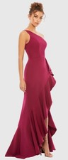 Mac Duggal 49089 One Shoulder High Slit Ruffle Gown NWT Size 4 In Berry