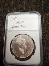 1959 cinco pesos carranza, beautiful blast white .720 silver