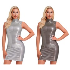 Womens Mini Dress Clubwear Tank Dresses Teddy Skirt Night Out Shiny Metallic