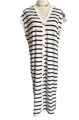 Women s White Black Striped Button Up Front Cap Sleeve Casual Modern Dress Sz XL