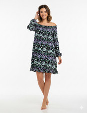 Loft Dress Floral Smocked Dress Ruffle Neck XL Black Green Purple EUC