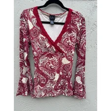 Vintage INC Y2k Red Paisley Lace Trim Whimsy Floral Bell Sleeve Top Blouse Med