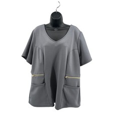 Jaanuu Medical Scrub Top Womens 3X Grey Zip Pockets Short Sleeve V-Neck Slim Fit