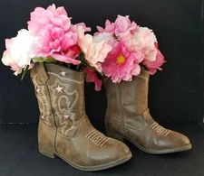 Pink Flowers In Cowboy Boots Handmade Original By Andrea Floral Décor B16-370