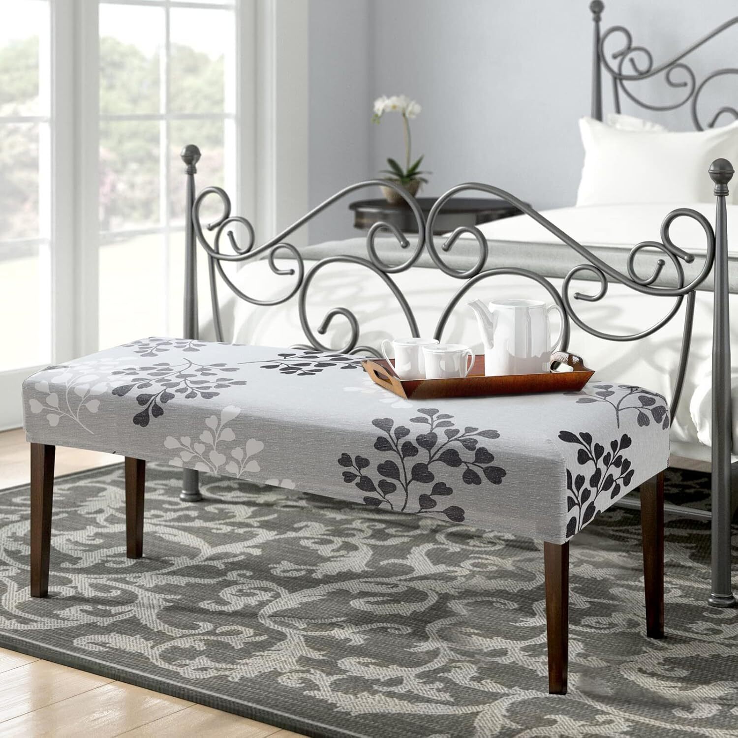 Stretch Dining Bench Cover, Anti-Dust Removable Bench Slipcover Washable Seat Cu