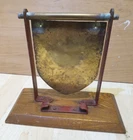 Vintage Free Standing 9" Brass & Wood DINNER Bell Shield GONG With NO Striker