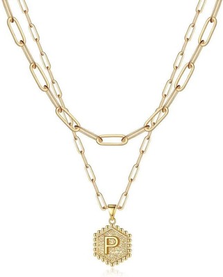 14K Gold Plated Over Layering Brass Necklaces for Women Cute Hexagon Letter (P)