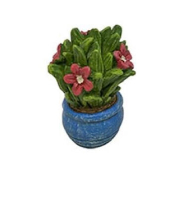 Miniature Red Flowers in a Blue Pot,  Dollhouse Garden Flower in Resin Pot