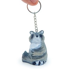 Raccoon Keychain Ring Clip Charm Miniature Wood Mini Figurine Small Animal