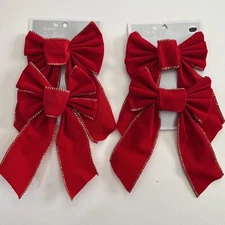 4 Christmas Tree Red Velvet  Bows  5” x 8” Deluxe Tie Back Gift tag Decoration