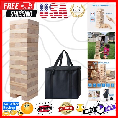 Giant Tumble Tower - 54 Pine Wooden Blocks for Family Fun, 2FT to 4FT High