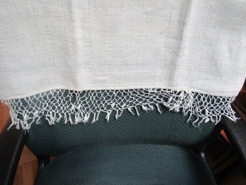 Antique Pair White Basket Weave Linen Bath Hand Towels Crochet Fringe 32x22.5 - Imagen 3 de 12