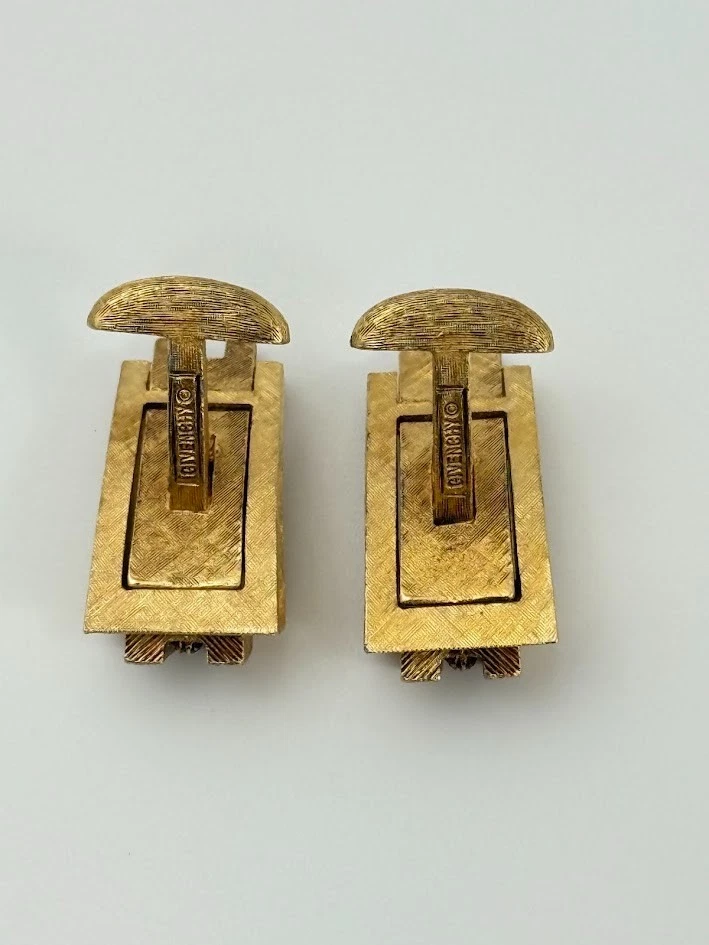 Vintage Givenchy goldfarbene strukturierte rechteckige Manschettenknöpfe Designer signiert - Bild 3 von 4