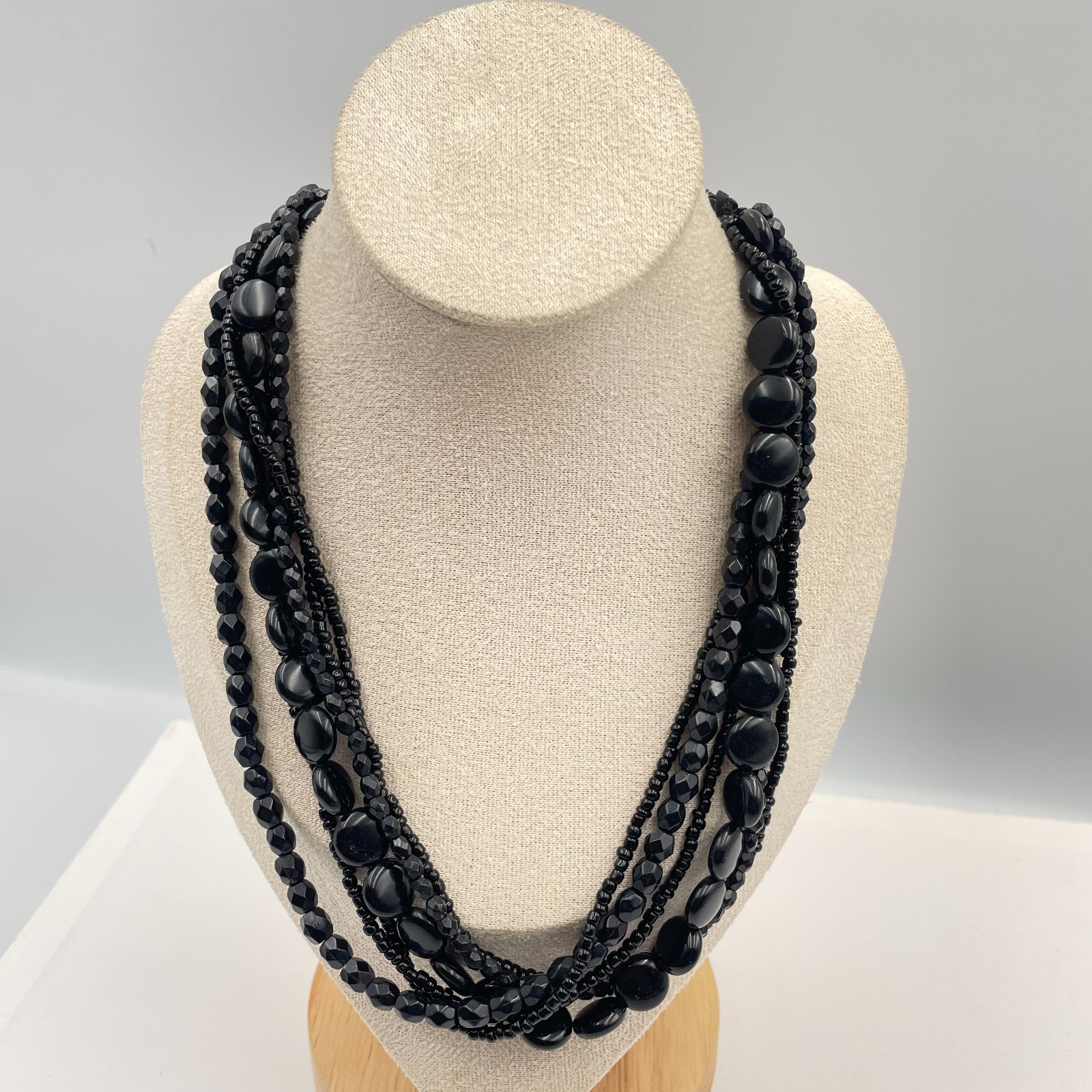 Vintage Black Multi Strand Statement Necklace Chu… - image 1