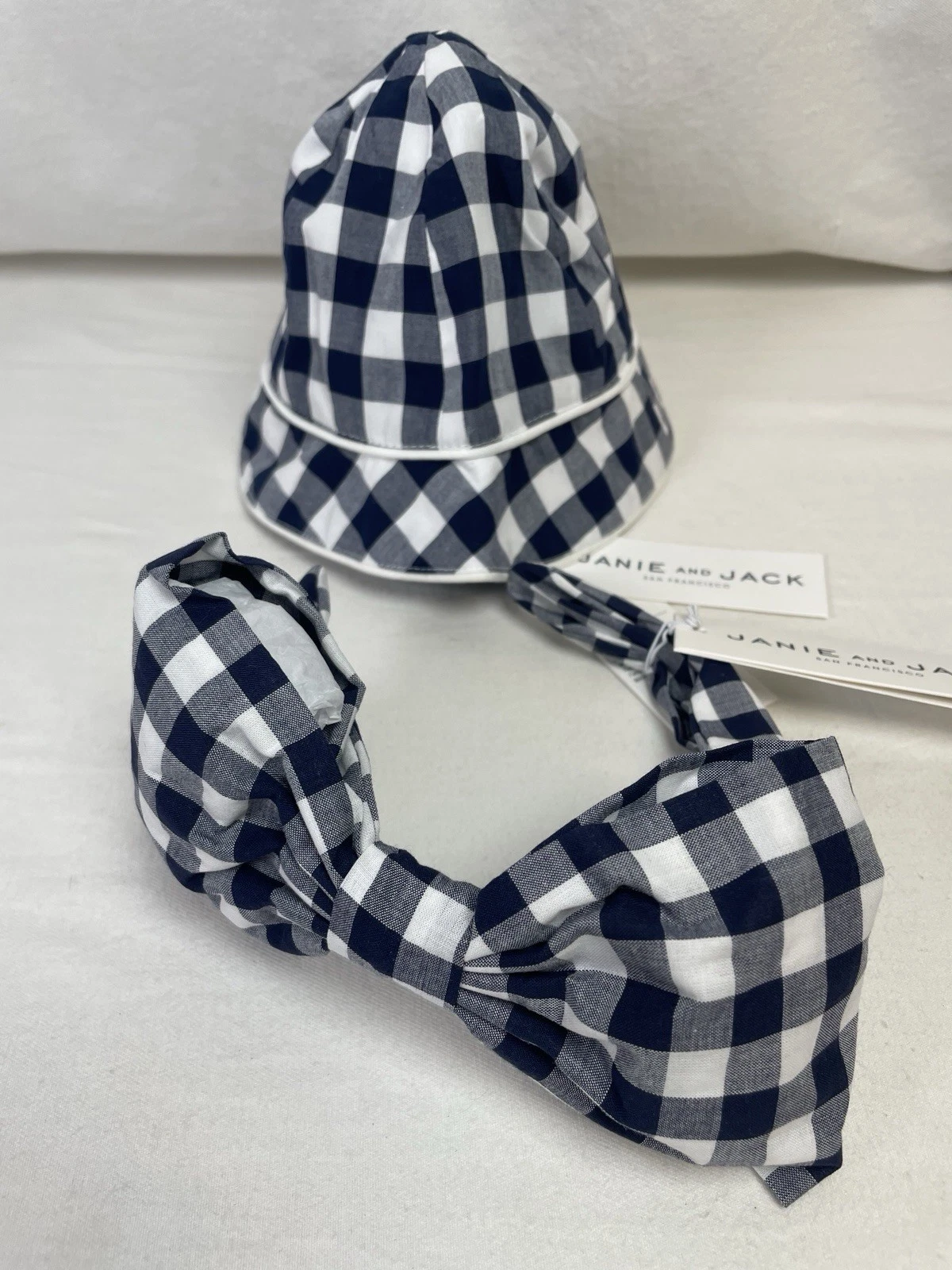Janie And Jack Black White Gingham Hat With Gingham Headband New O-3 Months