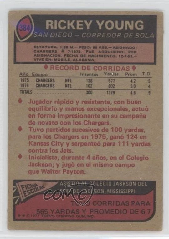 1977 Topps Mexican Rickey Young #384 - Image 2 of 2