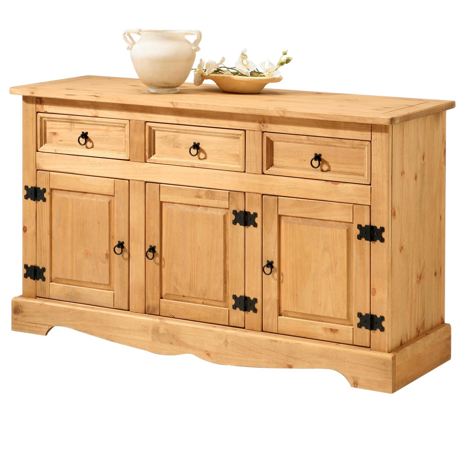 Buffet en pin style mexicain bahut bas en bois massif avec tiroirs et portes