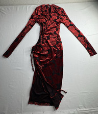 Fashion Nova Red Black Floral Mesh Ruched Sheer Stretch Mock Neck Midi S