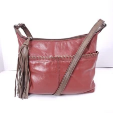 ILI New York Medium Red Genuine Leather Zip Crossbody Tassle Whip stitch Boho