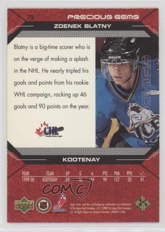 2000-01 Upper Deck Black Diamond Precious Gems /1999 Zdenek Blatny #73 Rookie RC - Image 2 of 2