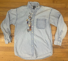 Vintage Warner Bros Looney Tunes Embroidered Denim Button-Down Shirt Small 90s