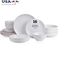 16 Piece Stoneware Dinnerware Set Speckled Off White Rustic Farmhouse Tableware