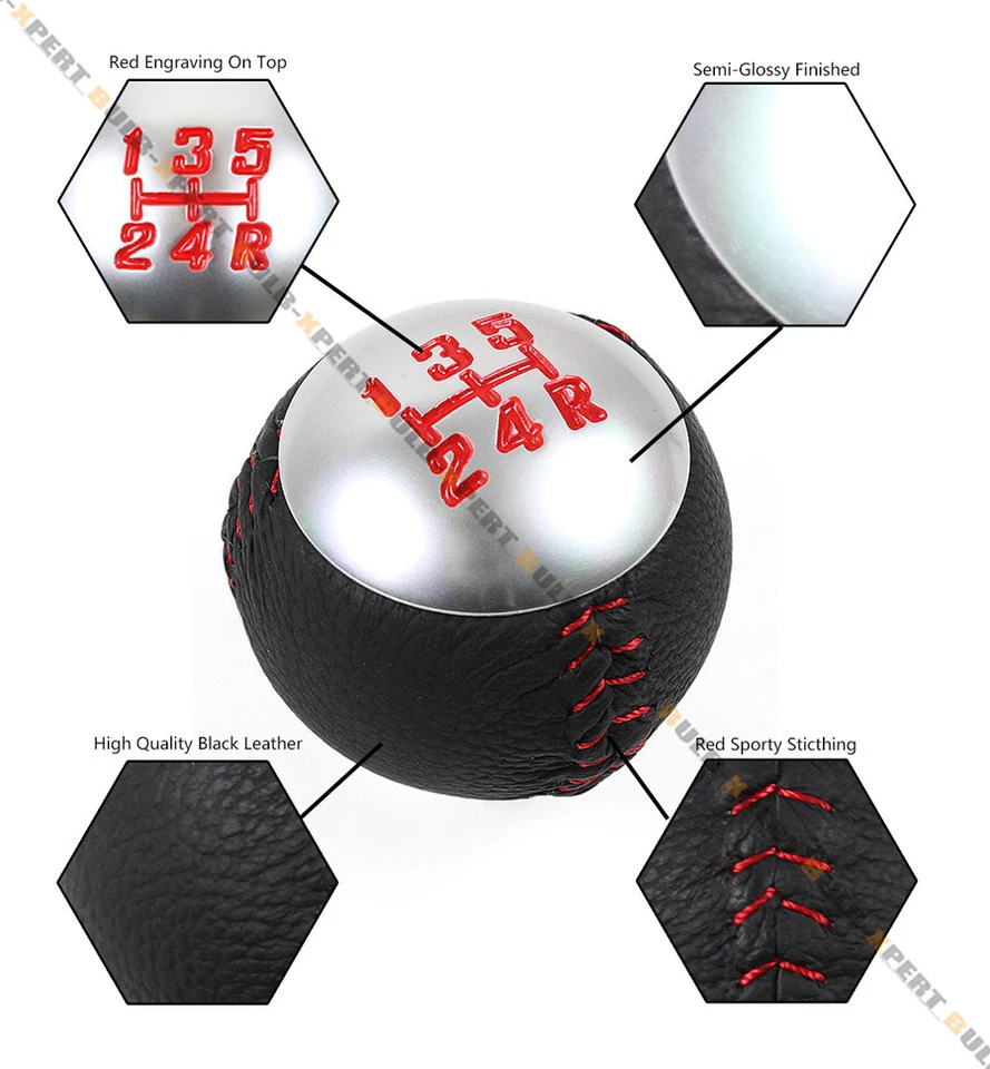 Perilla de cambio de marchas redonda de 5 velocidades cromada de cuero con costuras rojas para Mitsubishi Mazda Foto 4 de 4