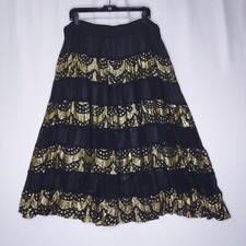 Sheer Full Skirt One-Size Black Gold Metallic Lace Stripe Drawstring Whimsigoth
