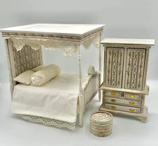 Dolls house miniature 1:12 HANDCRAFTED bedroom set - canopy bed, cabinet