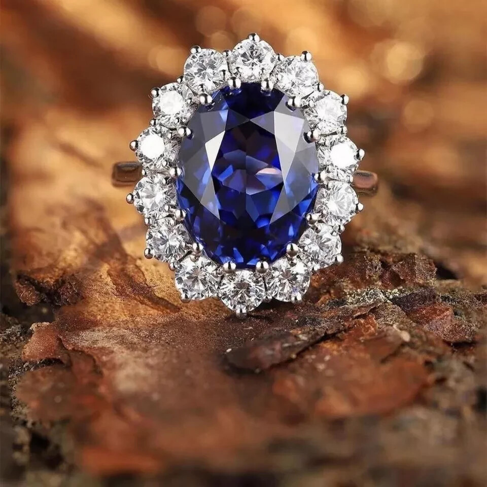 Oval 14K White Gold Natural Blue Sapphire Diamond Wedding Ring Size 