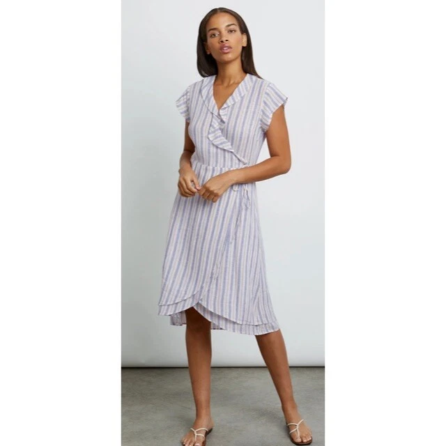 Blue and white striped wrap dress top