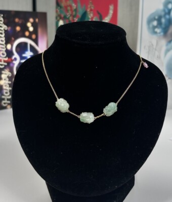 Authentic Grade A Jadeite Jade 3 cute Pixiu pink tourmaline Necklace in 18K Gold