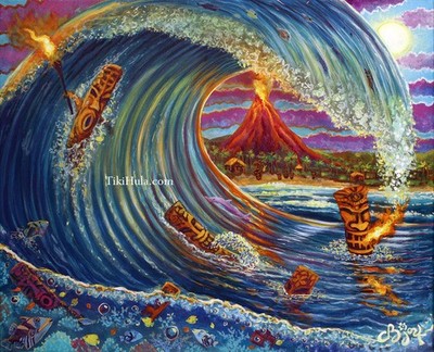 CBjork 12 x 16 Luster Print Hawaiian Surfing Fire meets Water Tiki Wave
