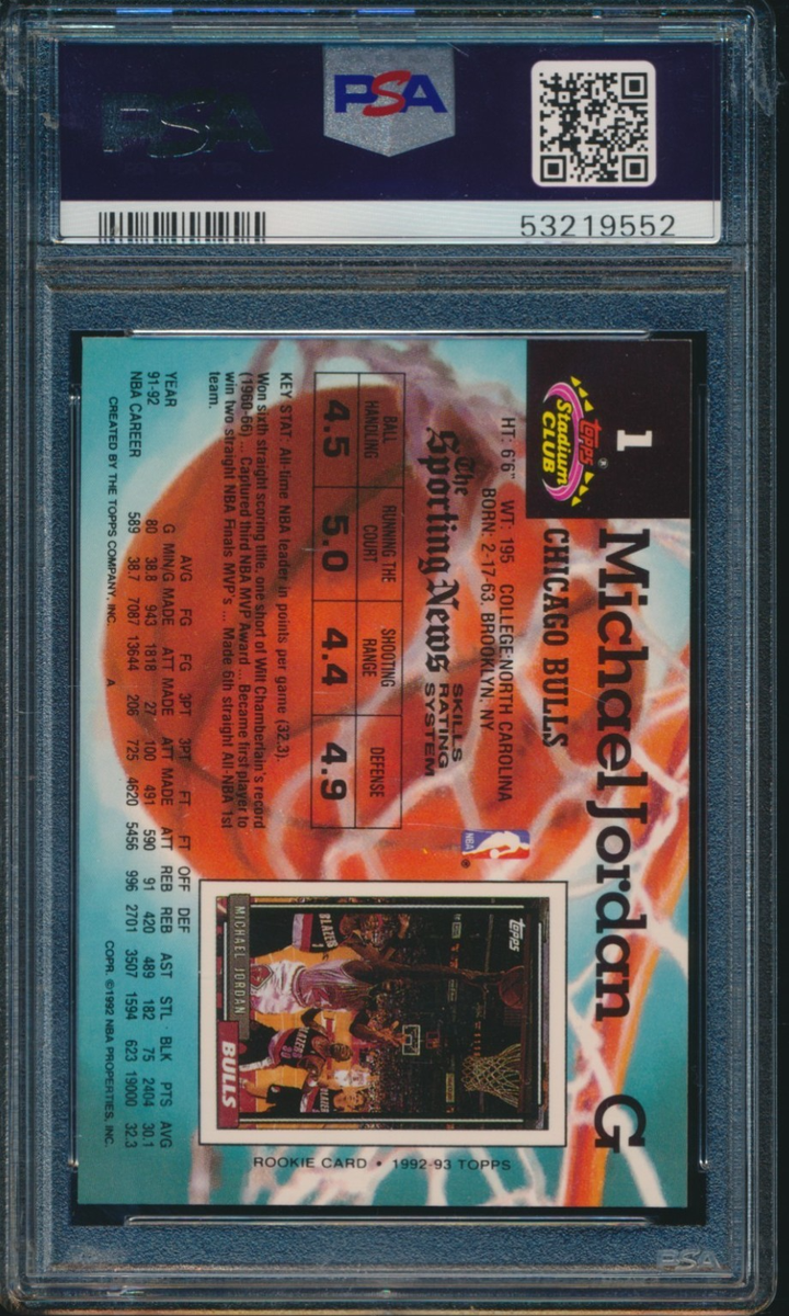 PSA 10 MICHAEL JORDAN 1992-93 TSC Topps Stadium Club #1 Bulls HOF