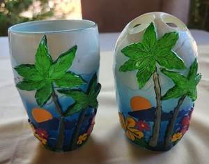 Toothbrush Holder and Cup Tumbler Palm Trees Beach Flowers Sunset